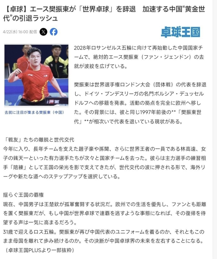樊振东退出世乒赛团体赛 转会德国联赛引中国男